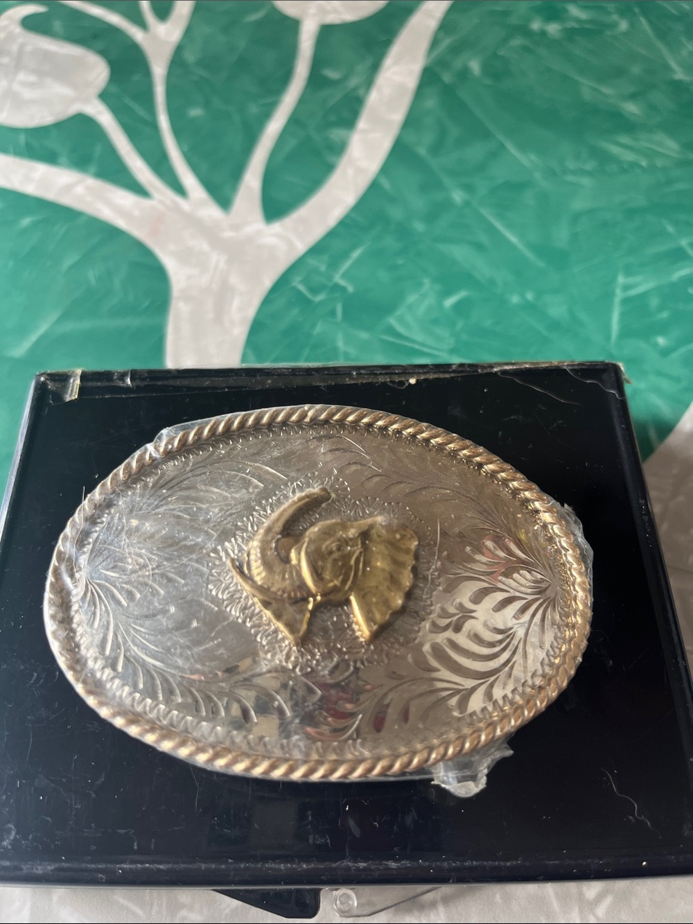 Vintage Silver-Tone Oval Belt Buckle with Gold Elephant Accent